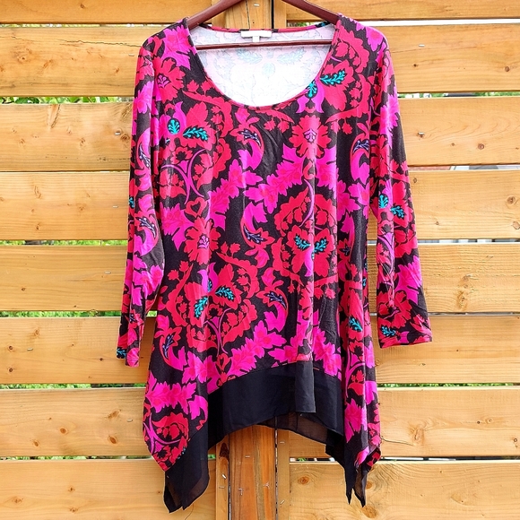 Joan Vass pink & black baroque brocade print sidetail top, XL, EUC - Picture 1 of 3